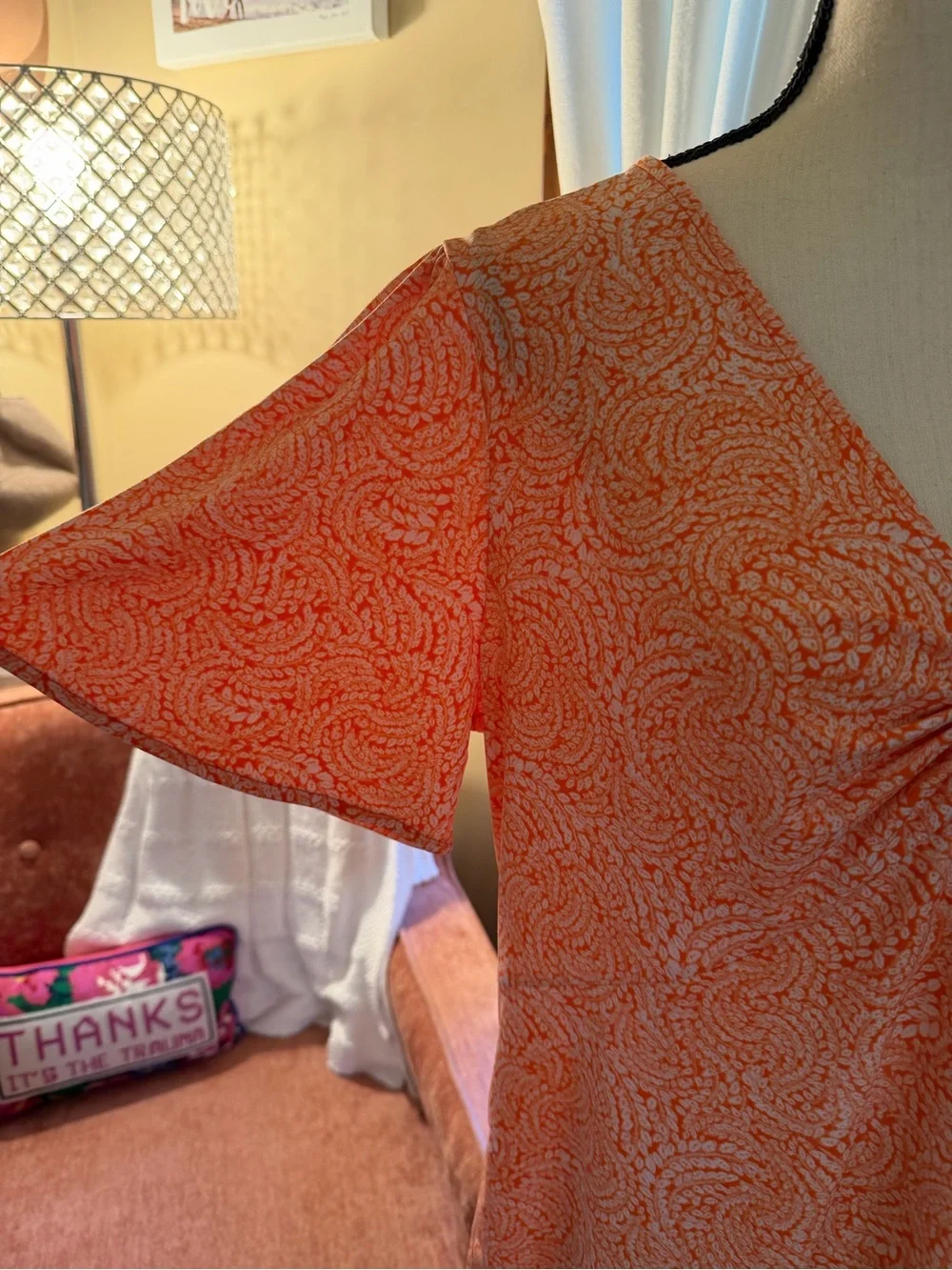 Michael Kors Orange Patterned V-Neck Top with Decorative Gold Buckle